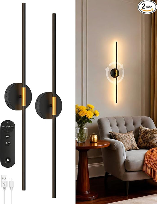 Battery Operated Wall Sconces Set of 2, 360° Rotatable Wall Sconce with Remote, 3000K Dimmable Magnetic Mount Wall Sconces, Rechargeable 28.3inch Wall Lights for Bedroom, Living Room, Dinning Room