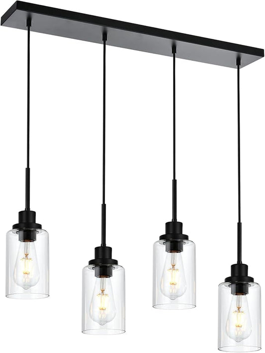 Black Pendant Light Fixtures with Clear Glass, 4-Lights Adjustable Height Hanging Ceiling Lights, Kitchen Island Lighting for Living Room Office Bar Farmhouse