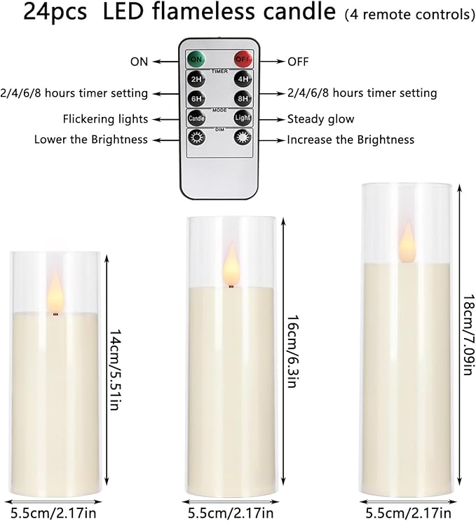 fclayvts 24 Packs of Acrylic LED Candles, Flickering Flameless Candles Battery Operated with Remote Dimmed and Timed, 3D Wick Candles for Home Decor,Wedding,Gift，Parties and Festivals. (3 Size)