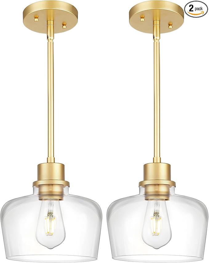 Emak 8 Inch Pendant Lights Kitchen Island, 2 Pack Gold Pendant Light Fixtures with Clear Glass Shade, Modern Island Lights for Kitchen, Dining Room, Bathroom, PL122-GD-CG-2PK