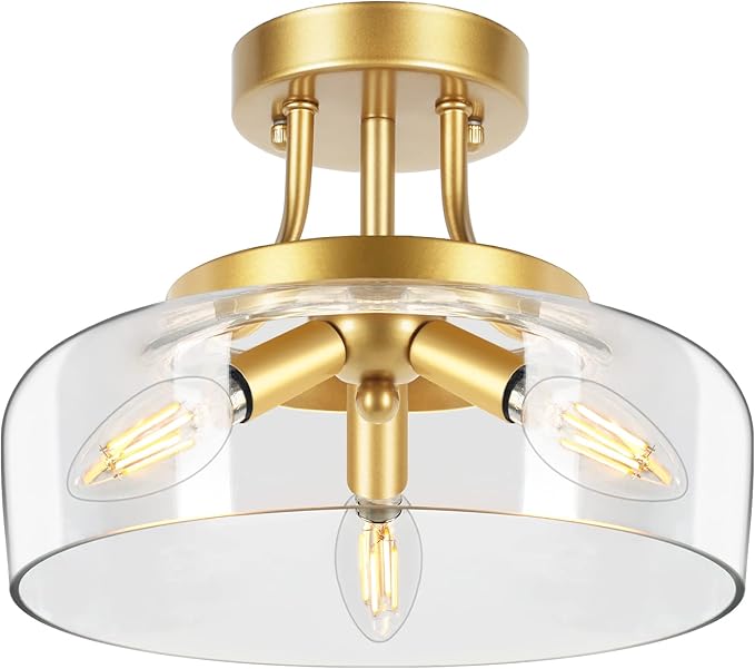 TOBUSA 3-Light Gold Semi Flush Mount Light Fixture, Modern Ceiling Light with Drum Glass Shade, Golden Ceiling Lamp for Living Room Kitchen Bedroom Hallway Bathroom Laundry, E12 Socket, No Bulbs