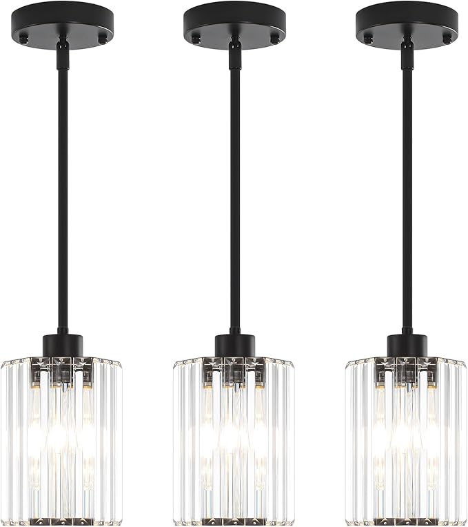3-Pack Black Pendant Lights Kitchen Island Modern Crystal Hanging Pendant Light Hexagonal Mini Chandelier Adjustable Hanging Kitchen Lights for Dining Room Hallway Bedroom Entryway Light Fixtures
