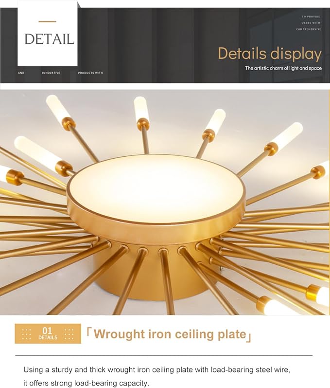 4000K Sputnik Metal Firework Designed Chandelier 18+1 Lights LED Ceiling Light Fixture Modern Flower Shape Ceiling Lamp Gold Flush Mount Ceiling Light for Living Room Bedroom Entryway Light Fixture