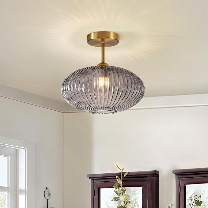 BOKT Smoke Gray Glass Modern Pendant Light Nursery Close to Ceiling Light Hallway Gold Semi Flush Mount Ceiling Light Fixture for Laundry, Schoolhouse, Stairway 9.8"