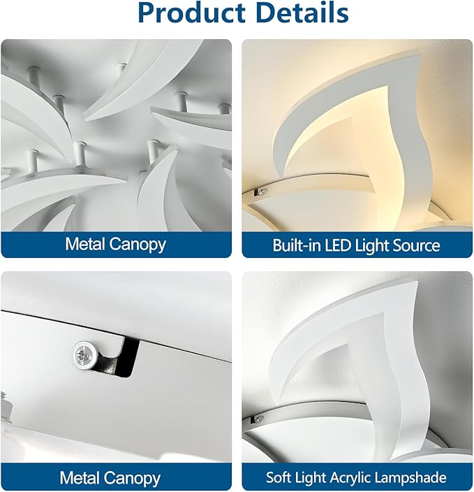 HuixuTe 36" White Modern Geometric Dimmable Ceiling Light Fixture, 15 Leaves Low Profile Flush Mount Ceiling Light for Kitchen, Bedroom, Living Room