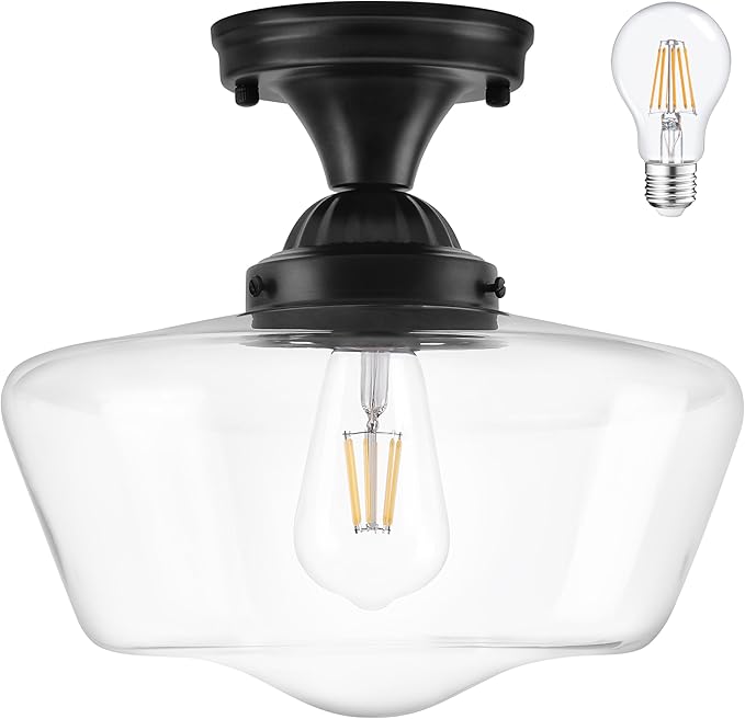 Black Schoolhouse Light Fixture 12" Mid Century Light Fixture Schoolhouse Light Fixtures Ceiling Clear Glass Semi Flush Mount Ceiling Lights for Bedroom Bathroom Kitchen(Bulb Incl.)
