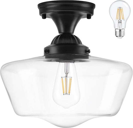Black Schoolhouse Light Fixture 12" Mid Century Light Fixture Schoolhouse Light Fixtures Ceiling Clear Glass Semi Flush Mount Ceiling Lights for Bedroom Bathroom Kitchen(Bulb Incl.)
