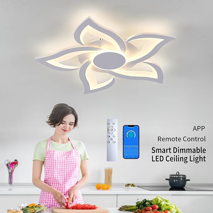 LED Ceiling Light with Remote, Modern Flush Mount Ceiling Light Fixtures, White 24" Flower Close to Ceiling Light Fixtures, 3000K-6000K Dimmable Ceiling Lamp for Bedroom, Kitchen, Dining room