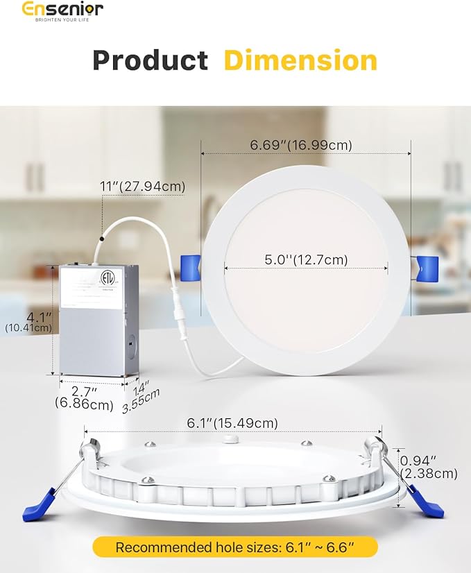 Ensenior 12 Pack 6 Inch LED Recessed Light, Dimmable, 3000K-5000K 3CCT, 1200LM High Brightness, 12W 120V, 3 Pin, ERL-12X-ETL, Damp Rated, Ultra-Thin Canless Wafer Ceiling Light - ETL & FCC & IC