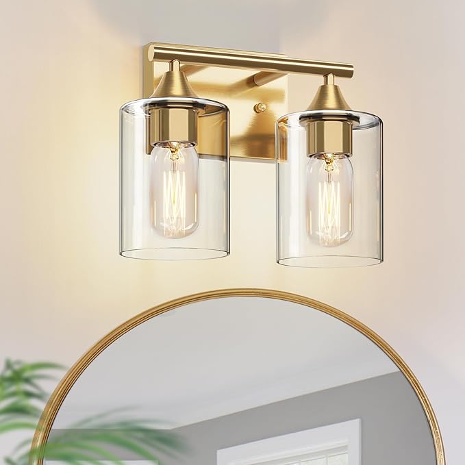Gold Vanity Lights for Bathroom,2-Light Bathroom Light Fixtures,Brushed Brass Gold Wall Sconce Lighting,Modern Wall Lamp for Mirror Bedroom Vanity Table Hallway