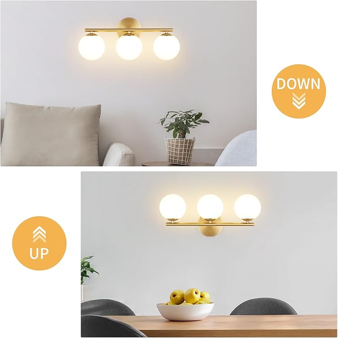 Globe Bathroom Light Fixtures 3-Light Brass Gold Vanity Light with Plastic Milk White Globe Shades 18.11 inch Wall Sconce Lighting Over Mirror, Vanity Lights for Bathroom Bedroom Hallway
