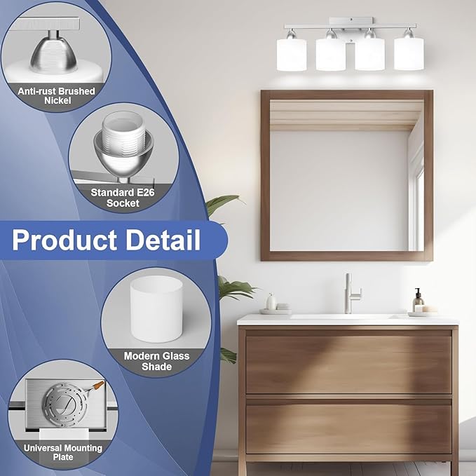 Bathroom Lighting Fixtures Over Mirror, Anti-Rust Vanity Light Fixture for Bathroom, Modern 4-Light Wall Sconce Light for Living Room, E26 Base, Milky White Glass Shades, Bulbs Not Included