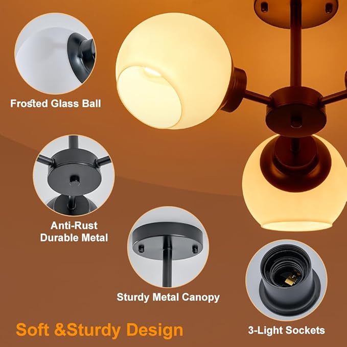 3 Light Sputnik Chandeliers Black Mid Century Semi Flush Mount Ceiling Light Frosted Globe Glass Modern Close to Ceiling Light Fixture for Bedroom Living Room Entryway Hallway