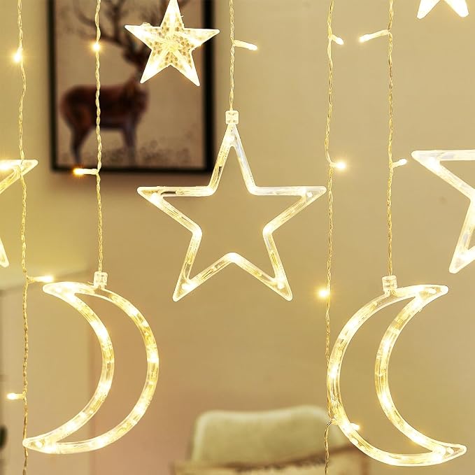 138 Led Curtain String Light Star Moon Icicle Light with 8 Lighting Modes with Timer Remote USB Operated Dimmable Fairy String for Window Wall Home Decoration