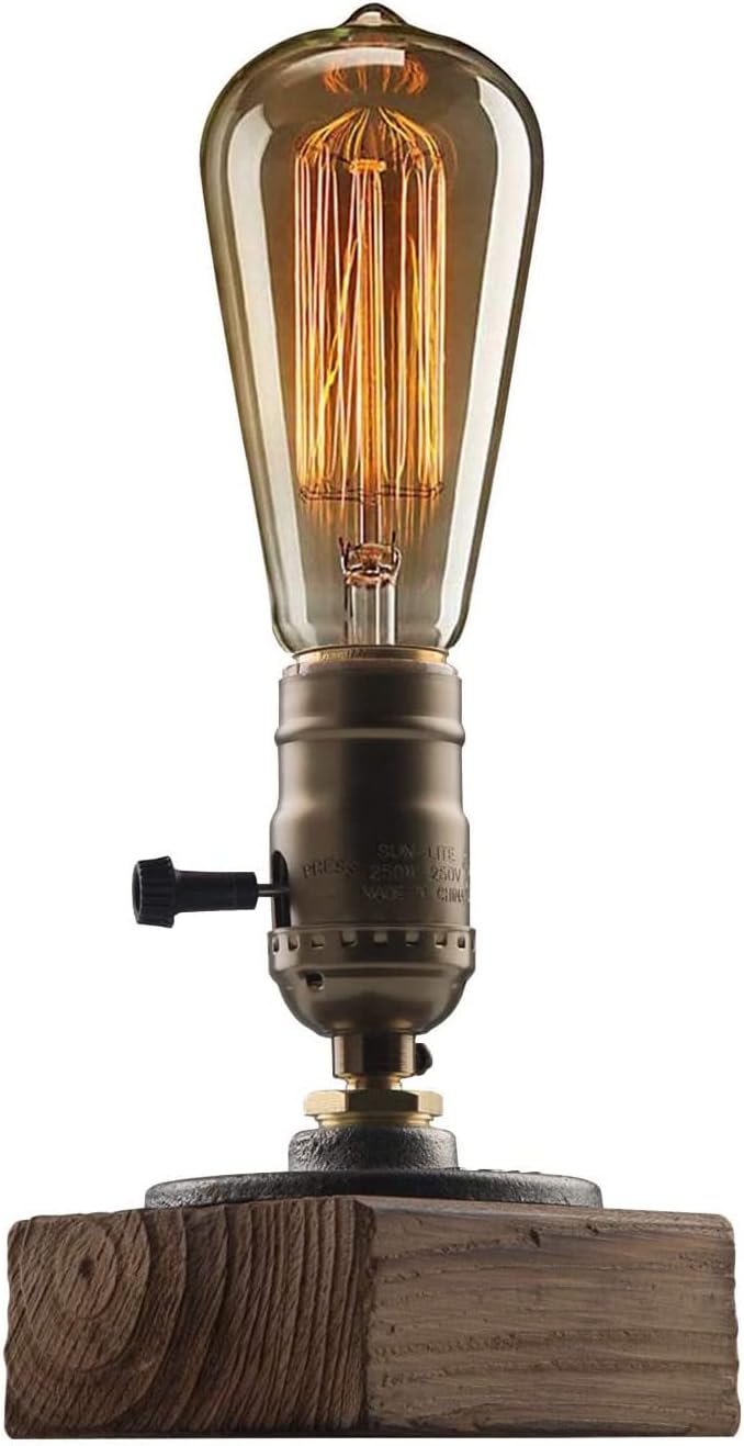 Industrial Steampunk Desk Lamp,Vintage Steam Punk Piping Table Top Lamp,Antique E26 Small Edison Bulb Iron Retro Lamps with Minimalist Loft Style Accent Wood Base for Bedside,Café,Bar,Pub,etc