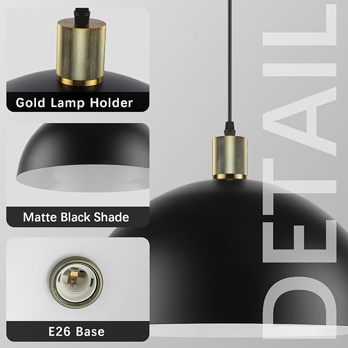 Black Pendant Light Fixtures 2 Pack, 15.7 Inch Large Dome Pendant Lighting Farmhouse Vintage Chandelier for Kitchen Island Dining Room