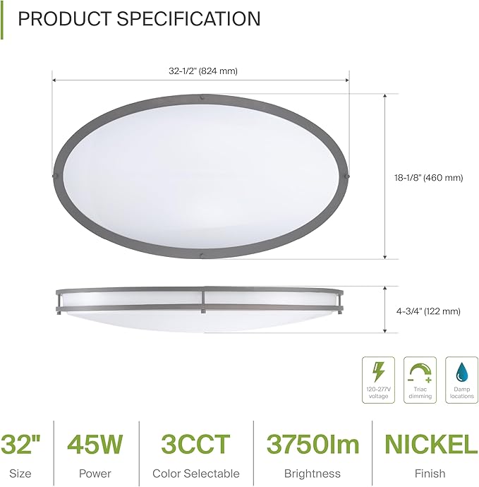 ASD LED 32" Oval Flush Mount Lighting, Close to Ceiling Light Fixture | 3CCT, Dimmable, Energy Star, ETL Listed | 45W 3750LM 3000-5000K 100-277V | Low Profile Double Ring Lamp | Nickel