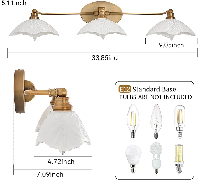Bathroom Light fixtures Brass Vanity Light -3 Light Bathroom Vanity Light E12 Bulb Holder, 33.85 Inch Large White Light, Retro Luxury Bathroom Mirror Lighting