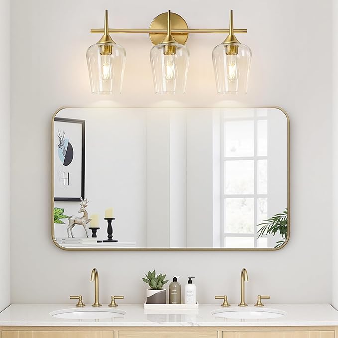 MOKATNG 3-Light Bathroom Light Fixtures, 19.5 Inch Brushed Gold Vanity Lights with Wine-Glass Shape, Bathroom Lights Over Mirror, Modern Wall Lamps for Bedroom Living Room Hallway