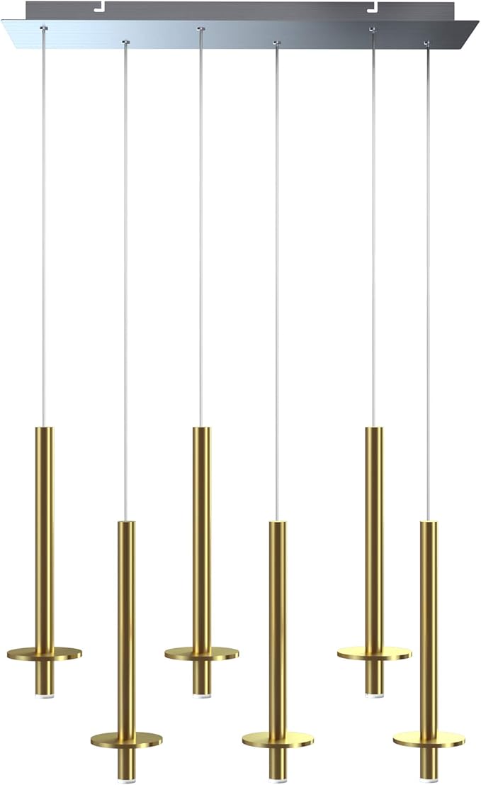 Draco 6 Pendant Lighting Brass – LED Hanging Light Fixture for Kitchen Island, Bar, Foyer – Equilateral Cluster of Mini Metal Rod Pipe Tube Cylinders – Dimmable, Adjustable Wire, Lamp Bulb Included