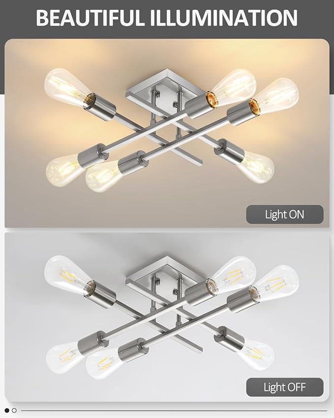 6-Light Semi Flush Mount Ceiling Light Fixture, 2 Pack Modern Brushed Nickel Sputnik Chandelier Lighting, Farmhouse E26 Stock Ceiling Lamp Kitchen Living Room Entryway, Bulbs Not Included