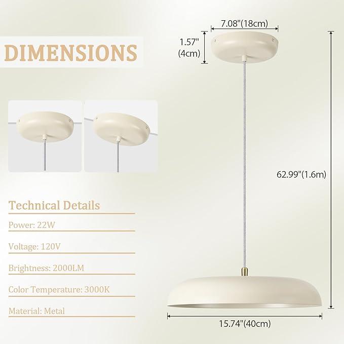 BISAMIYA Modern Kitchen Island Pendant Light - 15.7” Dimmable LED Ceiling Light with Brass Accents, 2000 Lumens Warm White for Dining Room & Living Room