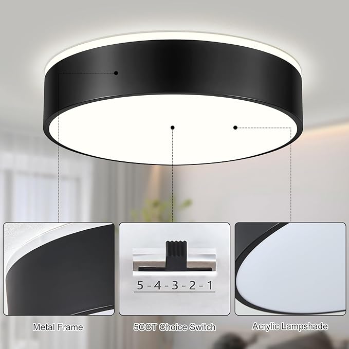 Black Flush Mount Ceiling Lights, Modern Dimmable 5CCT Close to Lighting Fixture, 2700K-6000K LED Round Ceiling Lamp for Bedroom, Bathroom, Dining Room, Living Room-15.8in