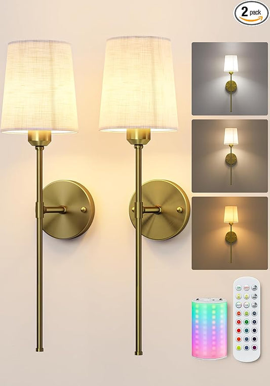 EZVALO Battery Operated Wall Sconces Set of 2, 7500mAh, RGB, Rechargeable Wall Lights with Remote, Dimmable, Magnetic Bulbs, No-Wiring Installation, Wireless Wall Lamps for Bedroom, Living Room