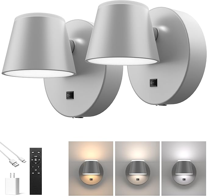 URSOLA Battery Operated Wall Lights Set of Two, LED Rechargeable Battery Wall Sconce with 9000mAh 3CCT and Dimmable Magnetic 360° Rotation Cordless Light for Bedroom（Grey）