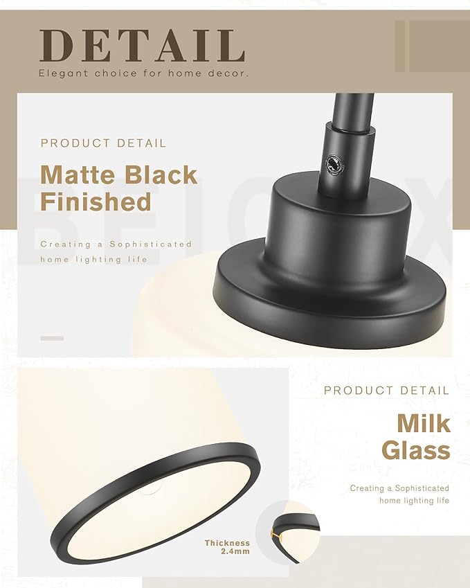 Beionxii Pendant Lights Kitchen Island, Modern Kitchen Pendant Lighting Over Island with Milk Glass, Matte Black Pendant Light Fixtures for Sink, Dining Room, Entryway, BX-PL02MB