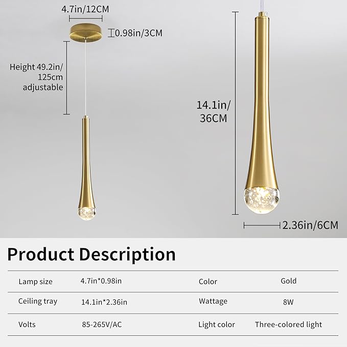 3 Pack Modern Gold LED Pendant Light, Kitchen Island Ceiling Hanging Lights, Teardrop Bubble Crystal, 3 Color 2700K/4500K/6500K, Bedside Small Chandeliers Lamps for Bar, Dining Room, Hallway, Foyer
