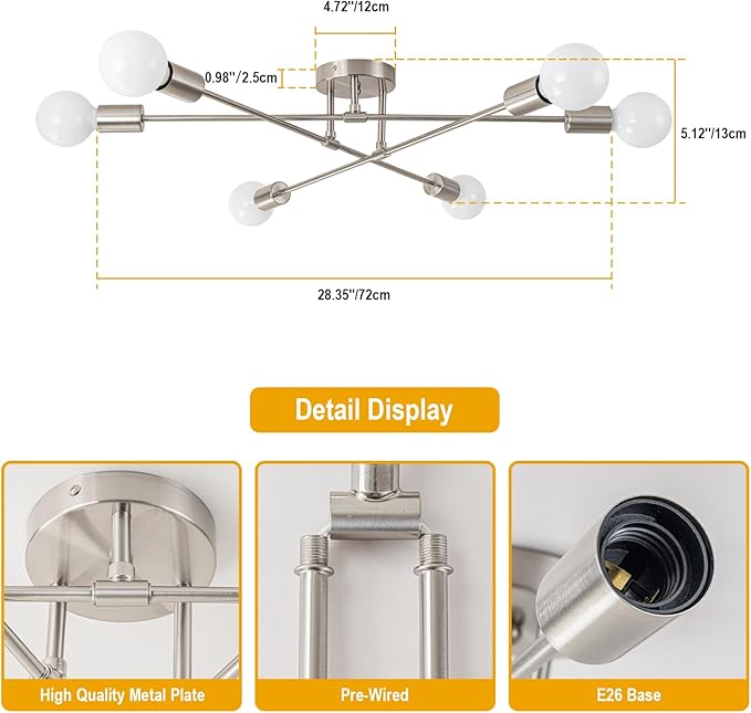 6-Light Modern Sputnik Chandeliers, Silver Mid Century Semi Flush Mount Ceiling Light Fixtures with E26 Base, Industrial Vintage Kitchen Farmhouse Light for Dining Room Bedroom Living Room