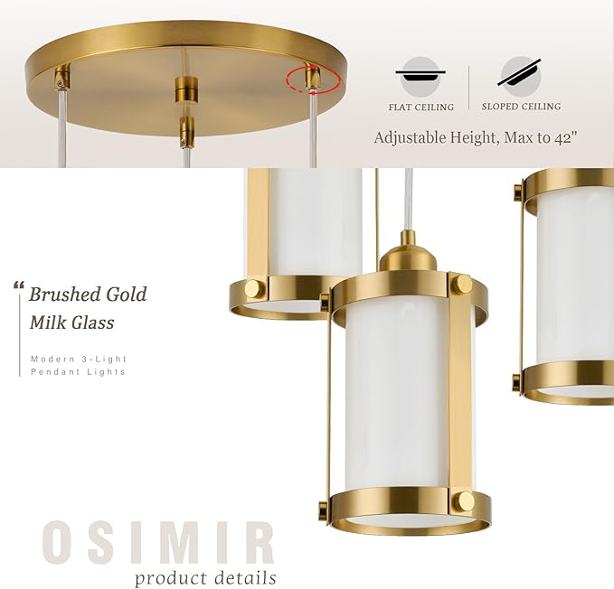 3-Light Pendant Lighting, Brushed Gold Dining Room Chandelier Light Fixture Over Table with Milk Glass, Modern Cluster Hanging Lights for Kitchen Island Sink, OS-3014-3BGW