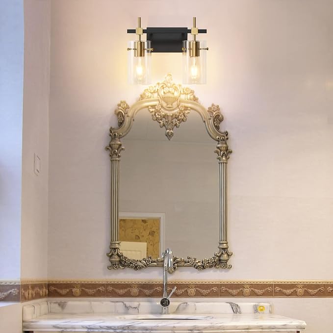 SOLFART Vintage Vanity Light Fixtures Wall Light for Bathroom Over Mirror Light with Glass Shade Light Fixtures (2 Lights-Exclude Bulb)