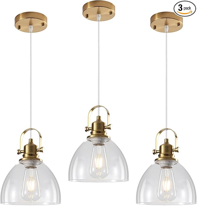 Glass Pendant Lights Kitchen Island 3 Packs, Gold Kitchen Pendant Lighting Over Island, 7.5 inch Modern Kitchen Island Pendant Lights, Farmhouse Pendant Light for Kitchen, Bedroom, Bathroom