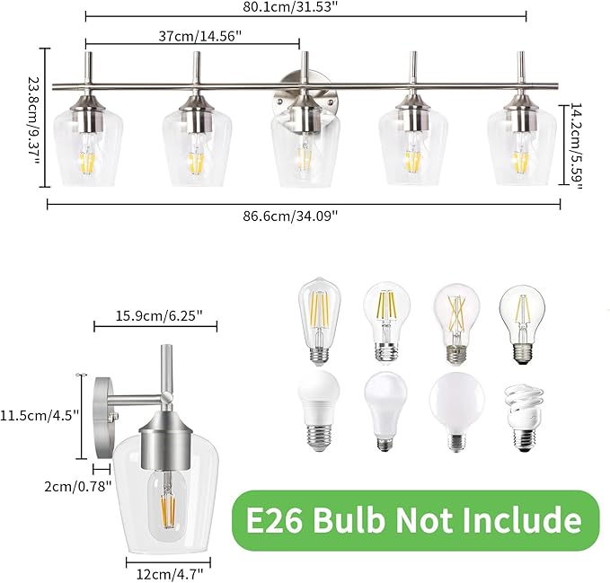 Bathroom Light Fixtures 5-Light Brushed Nickel Vanity Light with Clear Glass Shade, Modern Wall Lights for Bedroom Hallway Living Room (Nickel, 5-Light)