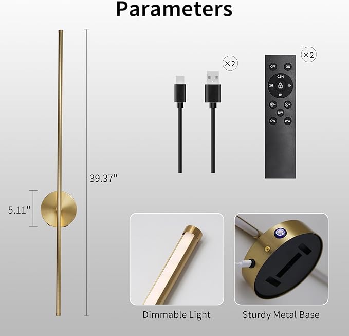 40" Gold Battery Operated Wall Sconces Set of Two Modern Rechargeable Wall Sconces with Remote Control LED Dimmable Wall Lights for Living Room Bedroom Hallway (2 Pack)