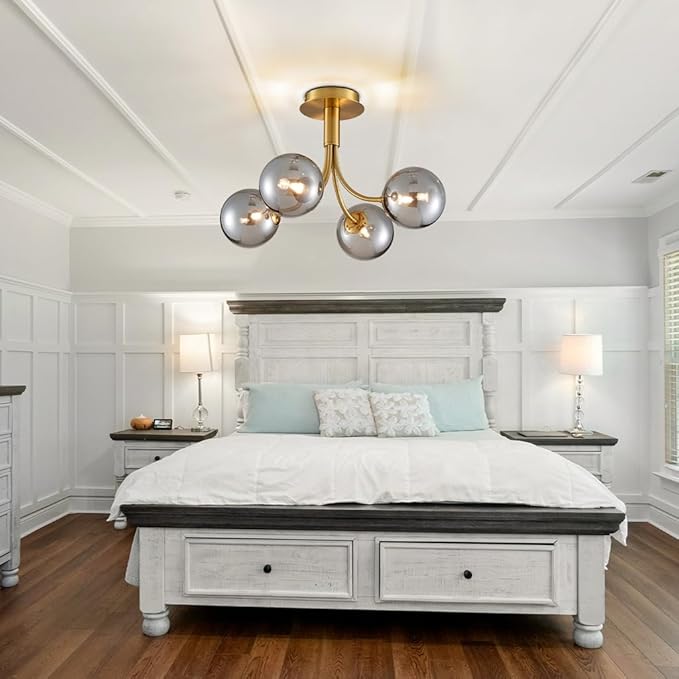 AGV Lighting Modern Semi Flush Mount Ceiling Light Fixture, 4-Light Gold Flush Mount Chandelier with Smoky Silver Glass Globe Shades, 18" L x 12" H Metal Ceiling Lamp for Bedroom, Dining Room, Kitchen
