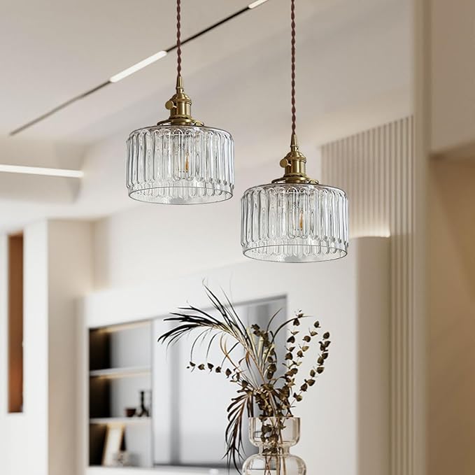 Glass Hanging Lights One-Light Vintage Pendant Light Fixtures Clear Striped Glass Shade Mid Century Modern Pendant Light Gold Brass Light Fixture Adjustable Cord for Dining Room Hallway