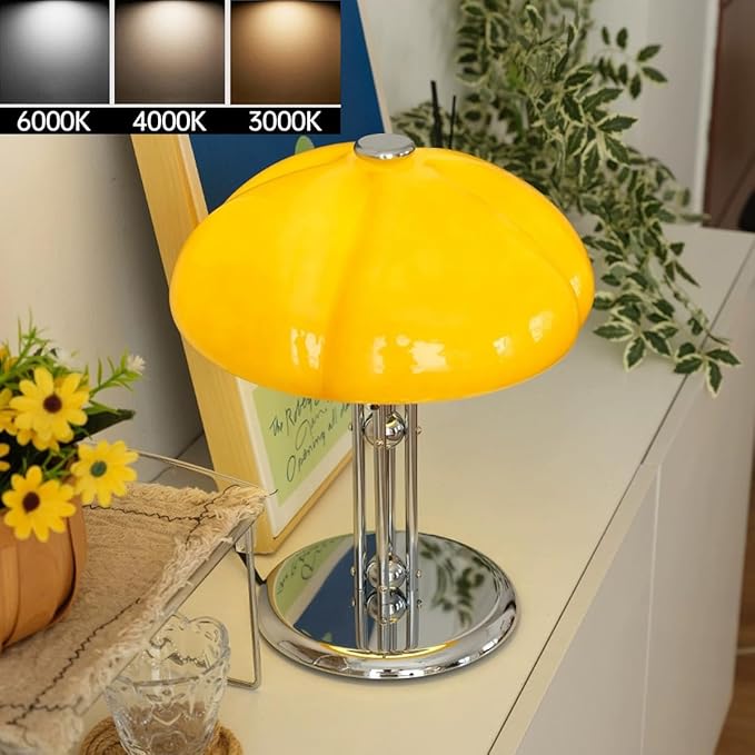 Mushroom Table Lamp with Caramel Lampshade,Art Deco Glass Desk Light with Chrome Base,Dimmable Small Nightstand Lamp,Mid Century Table Light for Living Room Bedroom