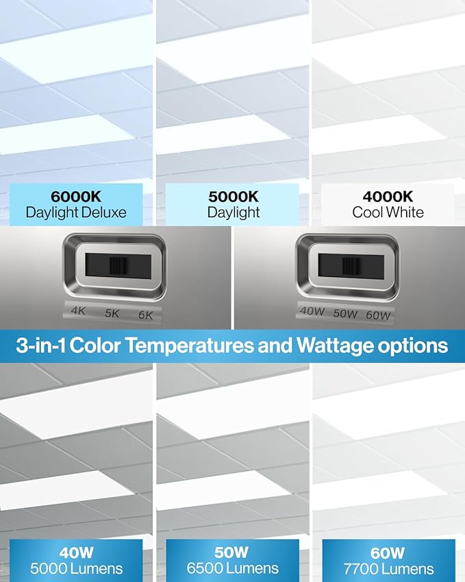 Sunco 6 Pack 2x4 LED Flat Panel Light Drop Ceiling Office Fixture, 7700 LM, Selectable Features, 40W/50W/60W, 4000K/5000K/6000K, Dimmable (0-10V), Surface or Suspension Mount, Dustproof ETL.