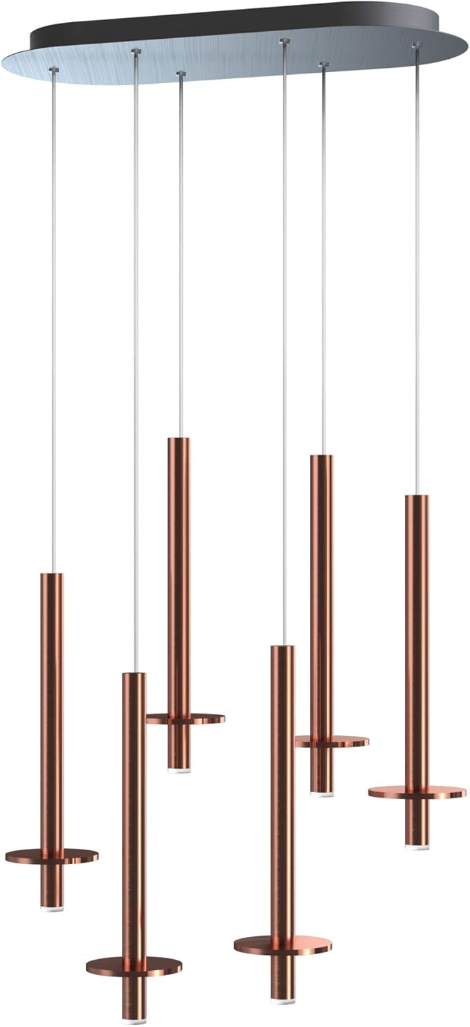 Draco 6 Pendant Lighting Copper – LED Hanging Light Fixture for Kitchen Island, Bar, Foyer – Equilateral Cluster of Mini Metal Rod Pipe Tube Cylinders – Dimmable, Adjustable Wire, Lamp Bulb Included