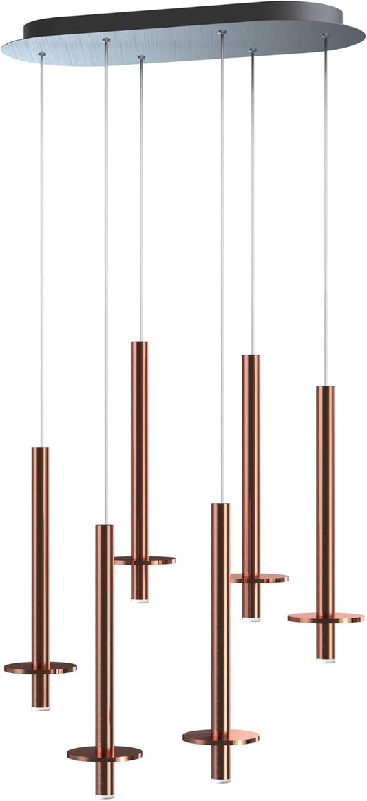 Draco 6 Pendant Lighting Copper – LED Hanging Light Fixture for Kitchen Island, Bar, Foyer – Equilateral Cluster of Mini Metal Rod Pipe Tube Cylinders – Dimmable, Adjustable Wire, Lamp Bulb Included