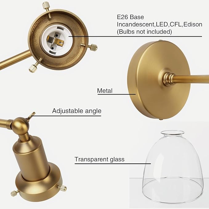 PERMO Industrial Vintage Slope Pole Wall Mount Single Sconce with 6.7" Oval Dome Clear Glass Shade Antique Gold Wall Sconce Light Fixture