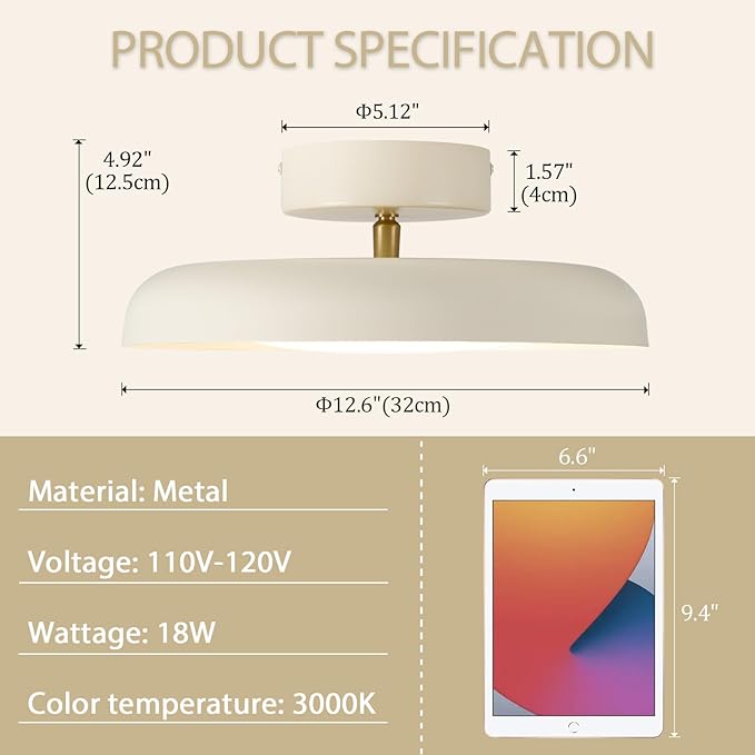 BISAMIYA Modern LED Ceiling Light, Brass Accent 12.6 Inch Semi Flush Mount Ceiling Light, Adjustable Angle Light Fixture, 3000K/Warm White/18W, for Hallway, Entryway, Kitchen