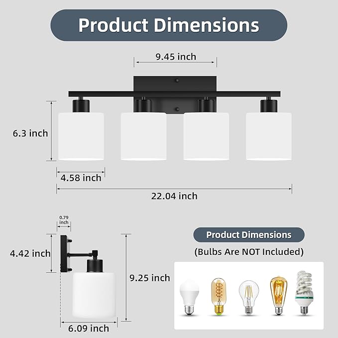 CANMEIJIA 4-Light Bathroom Vanity Light Fixtures, Matte Black Vanity Wall Scones Lighting for Bedroom Living Room, Modern Vanity Lights with Milky White Glass Shades, E26 Socket, Bulbs Not Included