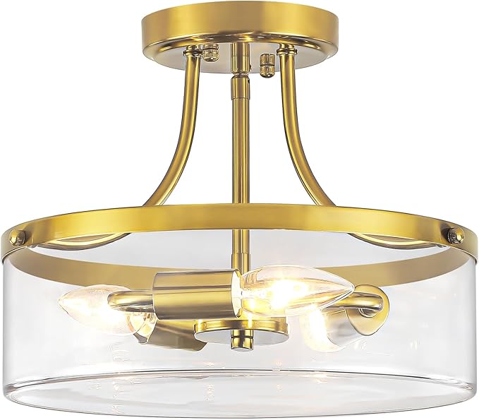 Brushed Gold Semi Flush Mount Ceiling Light, 11.81" Kitchen Lighting Fixtures Ceiling with Glass Shade, 3-Light Modern Hallway Light Fixtures for Entryway Bedroom Bathroom Foyer Laundry Dining Room