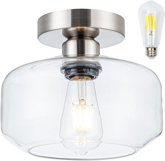 Tbaoinal Semi Flush Mount Ceiling Light Clear Glass Shade Matal Base, Inclede LED Bulb, Low-Profile for Kitchen/Hallway/Entryway/Bathroom, Silver