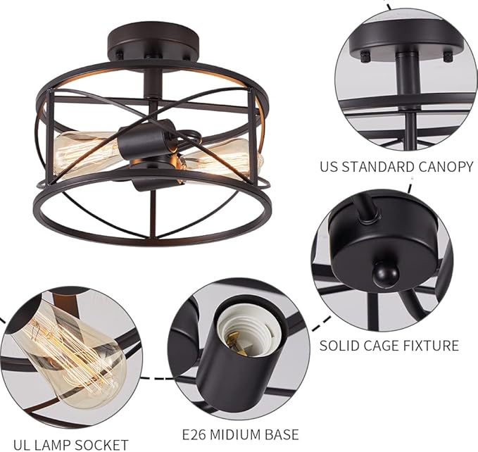Black Semi Flush Ceiling Light Fixture, 2-Light Farmhouse Flush Mount Light Fixtures, Modern Industrial Metal Cage Pendant Lighting for Hallway, Bedroom, Kitchen, Foyer, Living Room, Dining Room