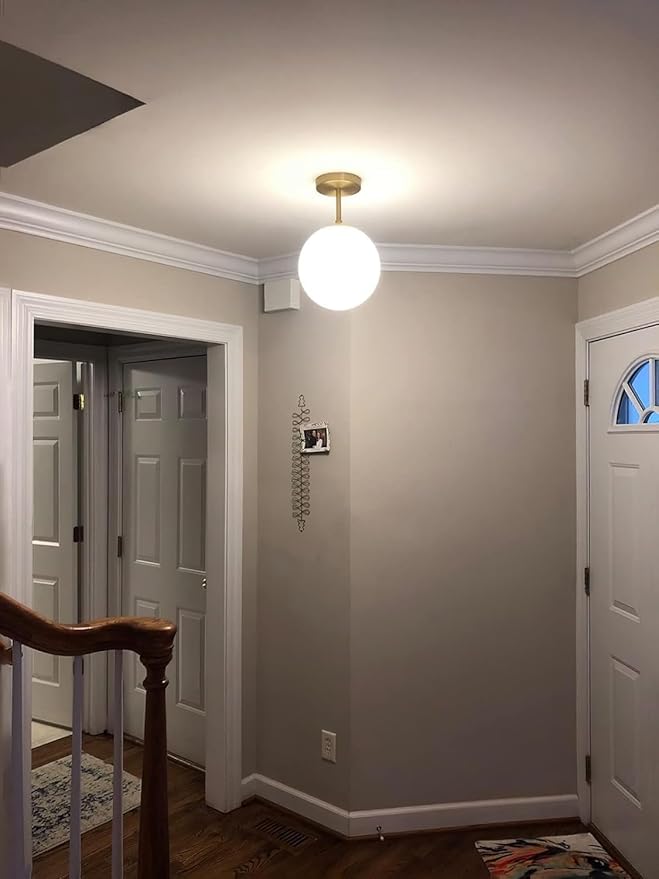 Globe Semi Flush Mount Ceiling Light Fixture Globe Ceiling Light Milk Glass Matte Gold Finish Contemporary Mid Century Modern Lighting for Hallway Living Room Kitchen Bedroom Storage(Bulb Included)